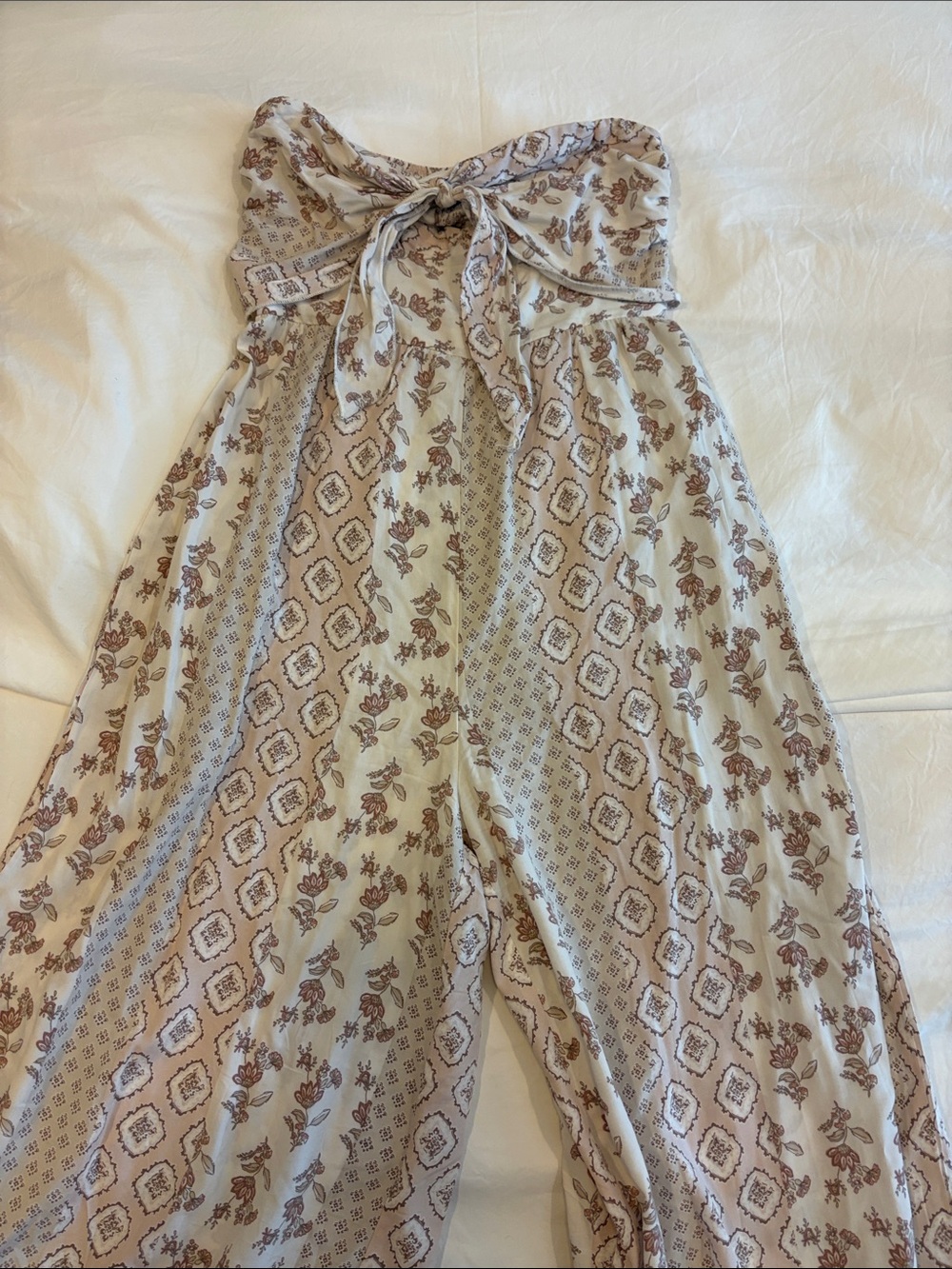 Floral Strapless Wide-Leg Jumpsuit in Cream and Brown
